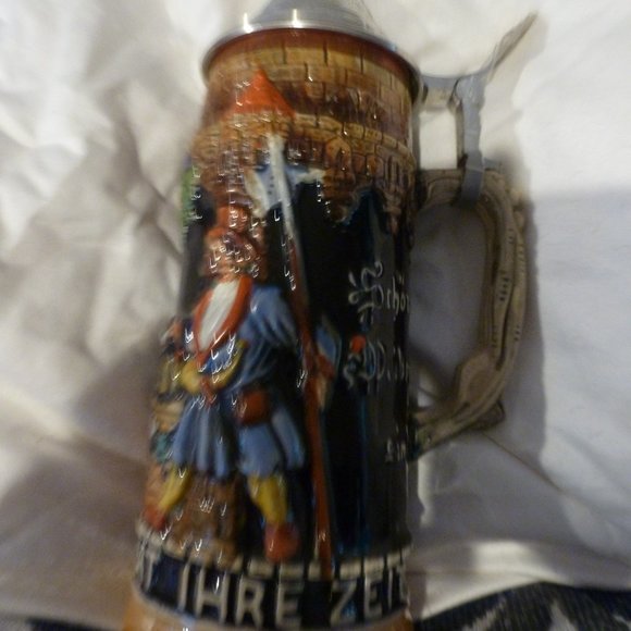 Rare Antique German Beer Stein – Christmas Theme, Raised Relief, Pewter Lid, 10" - Picture 3 of 12